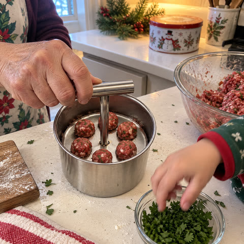 Grandparent and child preparing holiday meatballs together