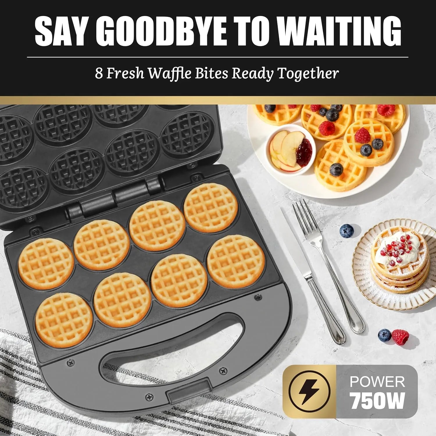 Eight golden mini waffles made together in the waffle maker