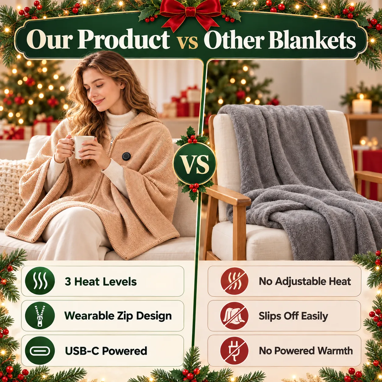 Comparison of wearable USB-C heated shawl and a standard unheated blanket