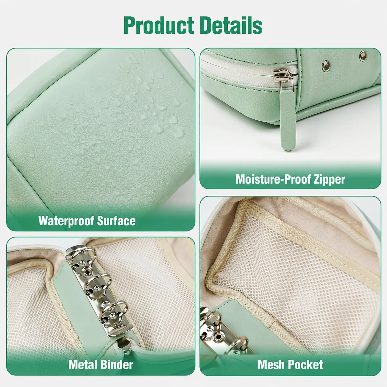 Close views of the water-resistant surface, zipper, three-ring binder, and mesh pocket
