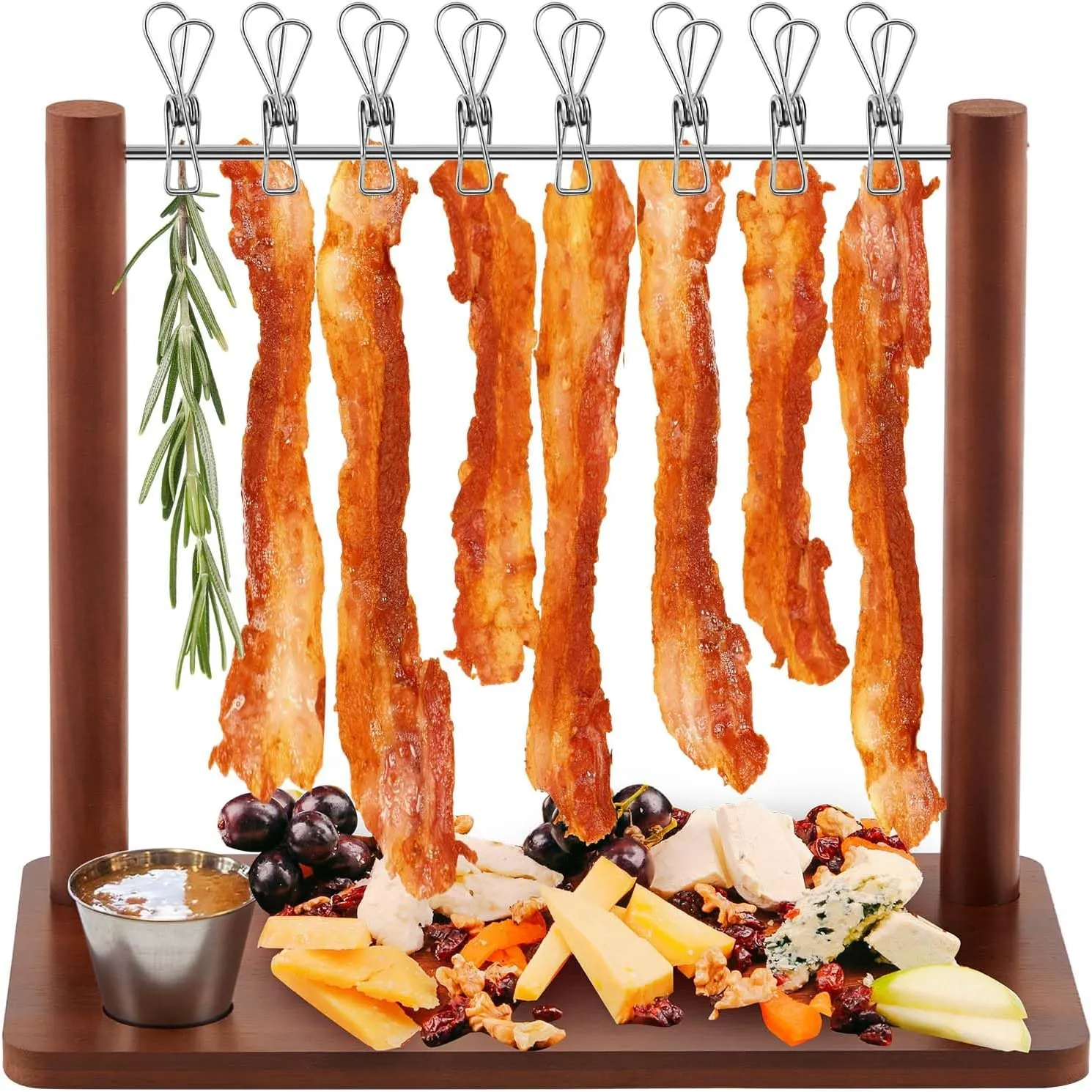 Wooden hanging appetizer display loaded with bacon and snacks