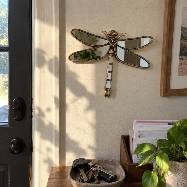 Dragonfly mirror in a sunlit apartment entryway