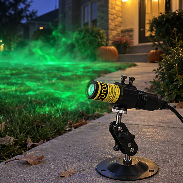 Swamp laser projector beside a Halloween walkway