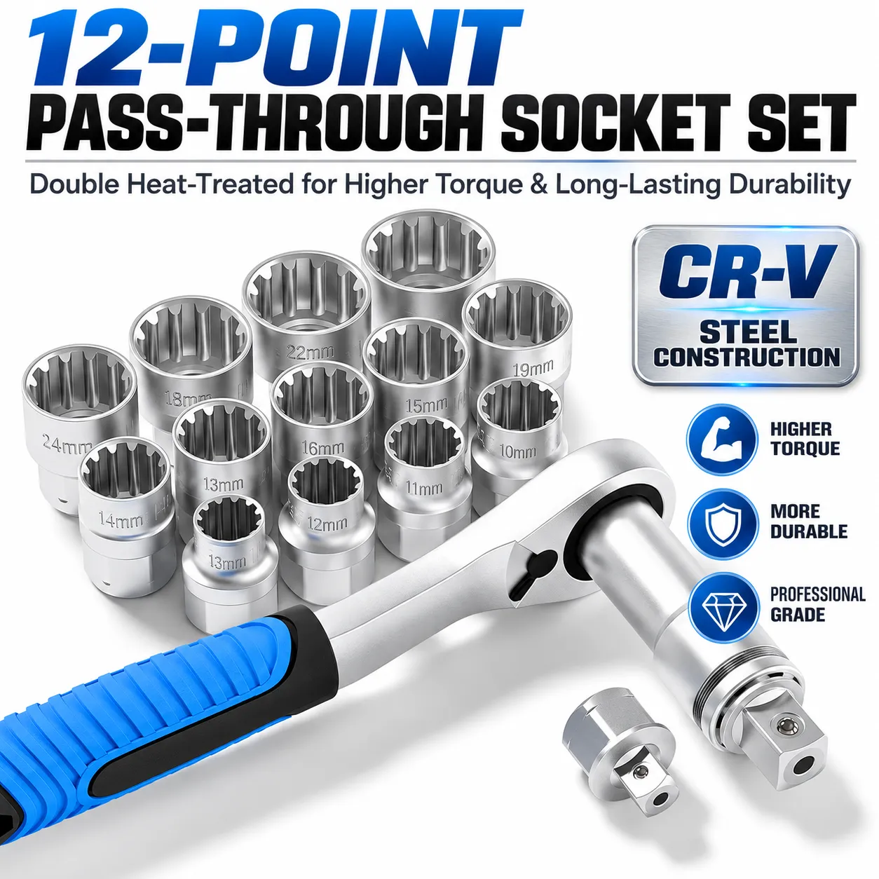 Chrome vanadium 12-point sockets with pass-through ratchet and adapters