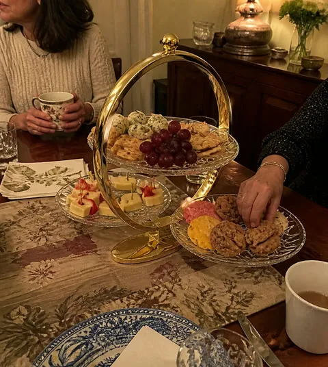 Gold-accented serving stand with snacks at an evening gathering