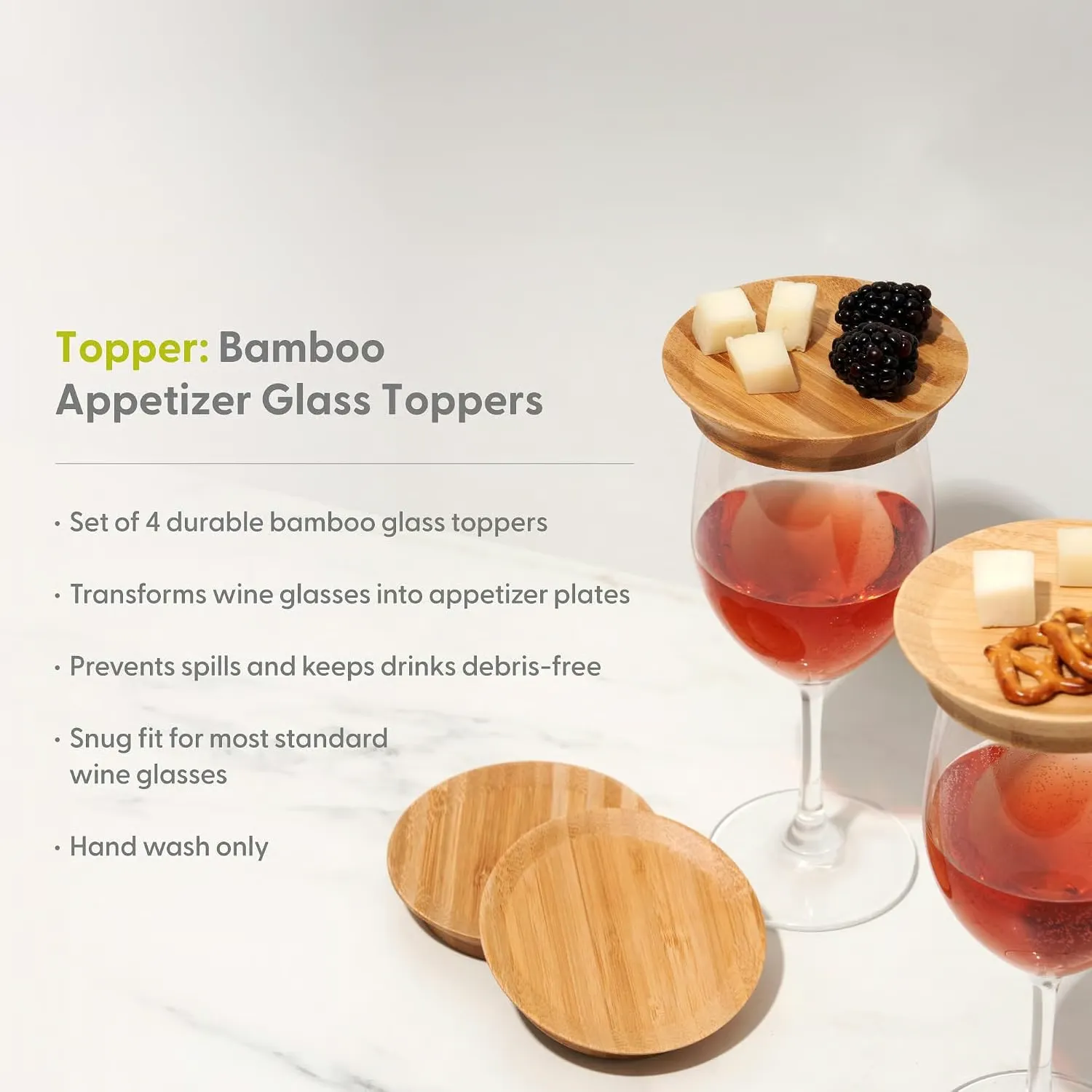 Set of four bamboo wine glass appetizer toppers