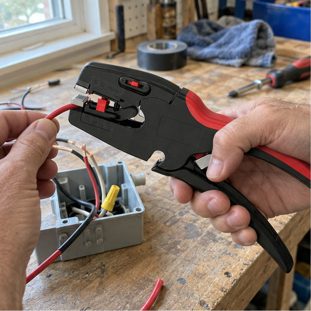 Black and red wire stripper used at a garage workbench