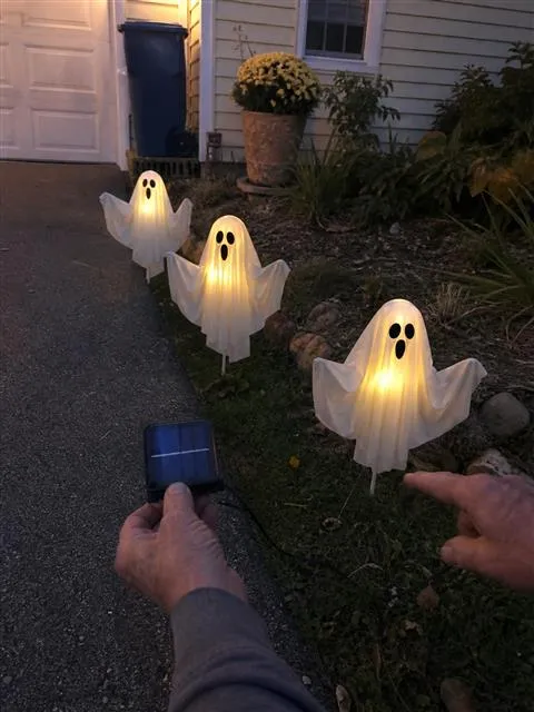 Three glowing ghost lights lining a driveway at dusk