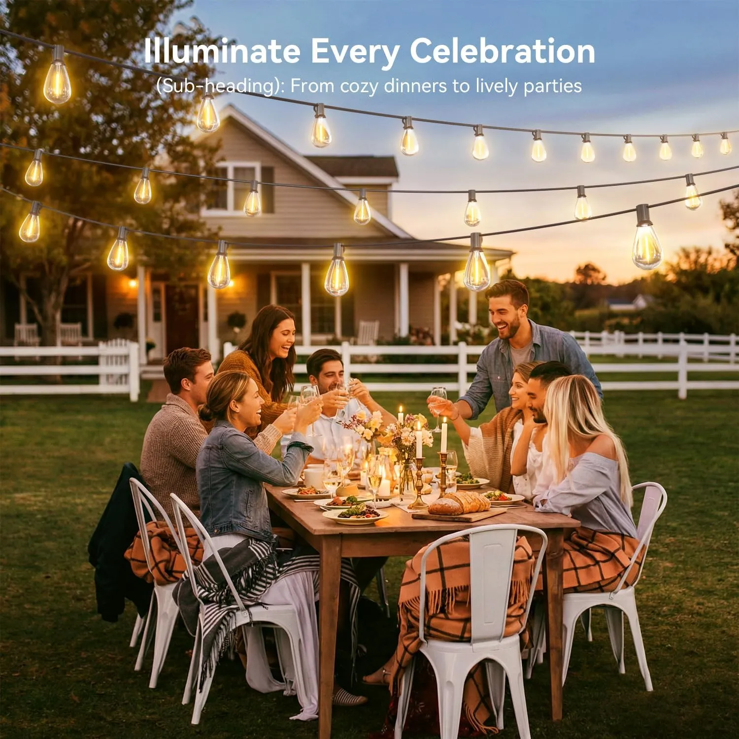 Friends dining beneath warm patio lights