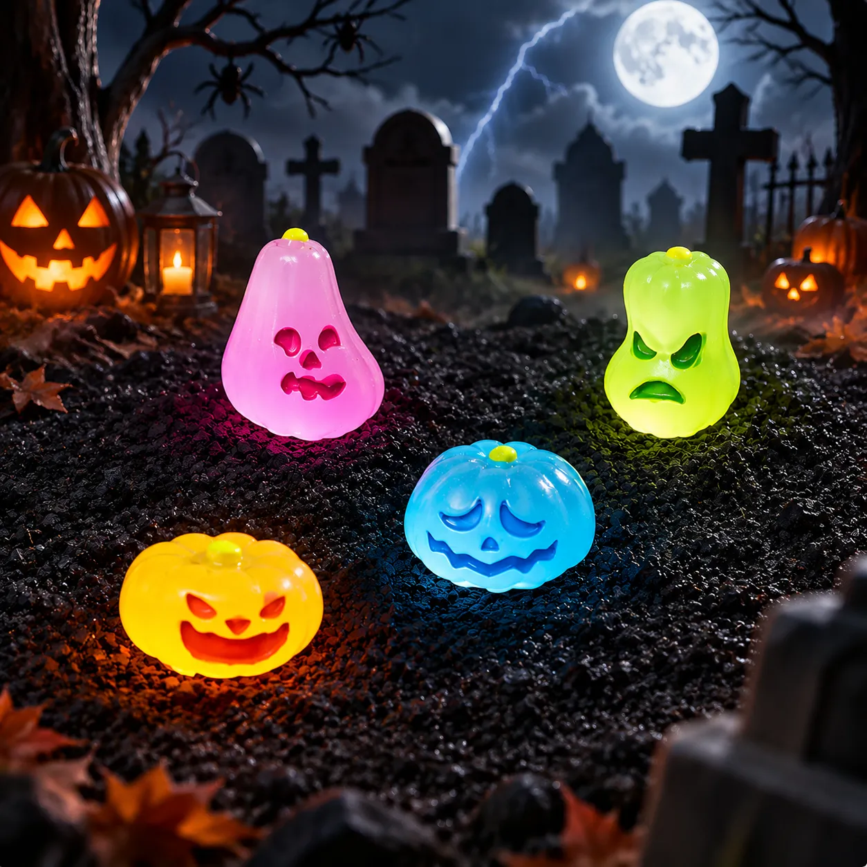 Colorful mini glow pumpkin and ghost figures in a Halloween graveyard display