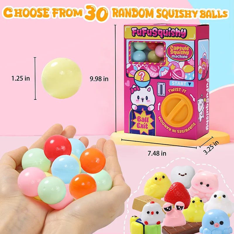 Approximate machine dimensions and the included 30-piece squishy capsule set