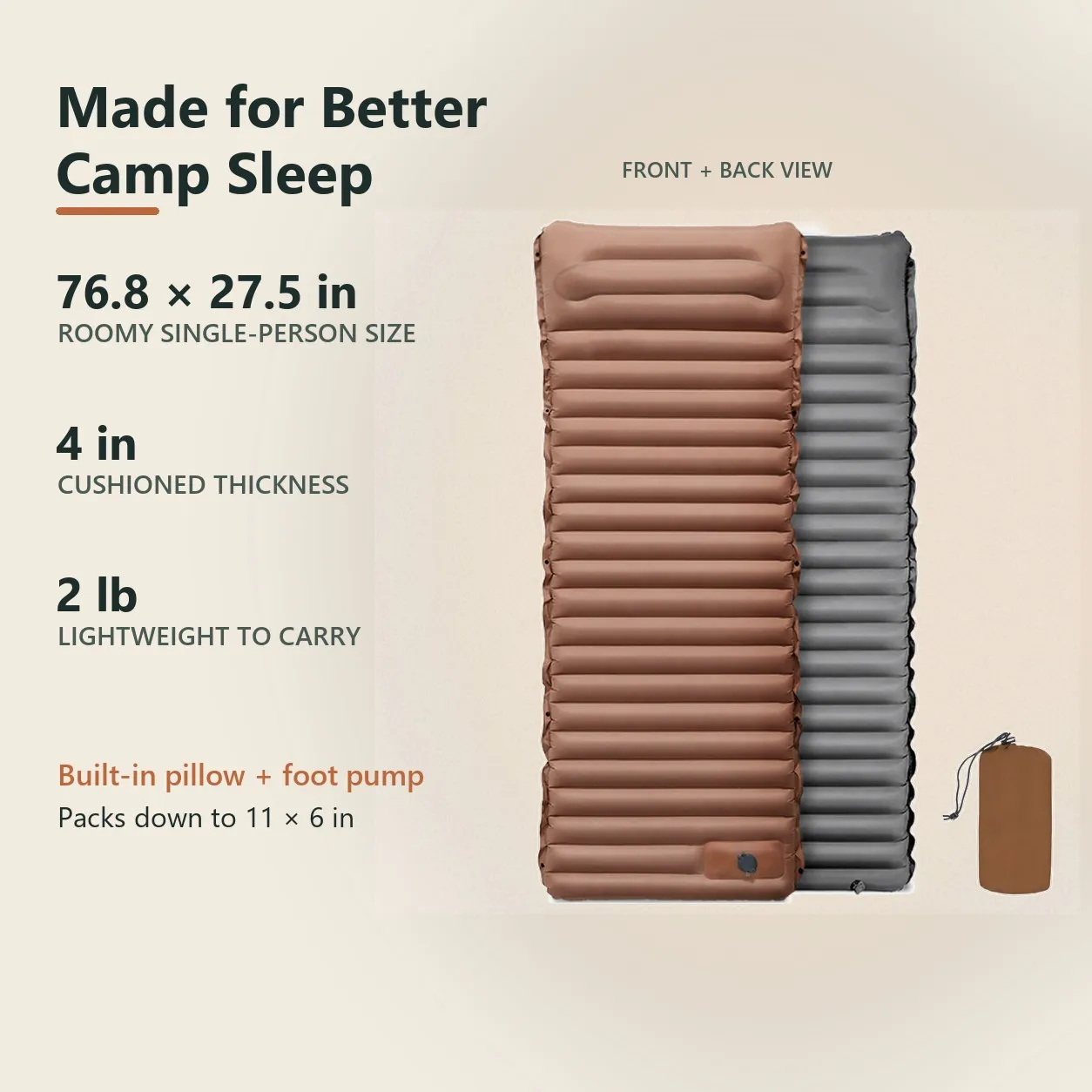 Camping mattress size, thickness, and packed dimensions