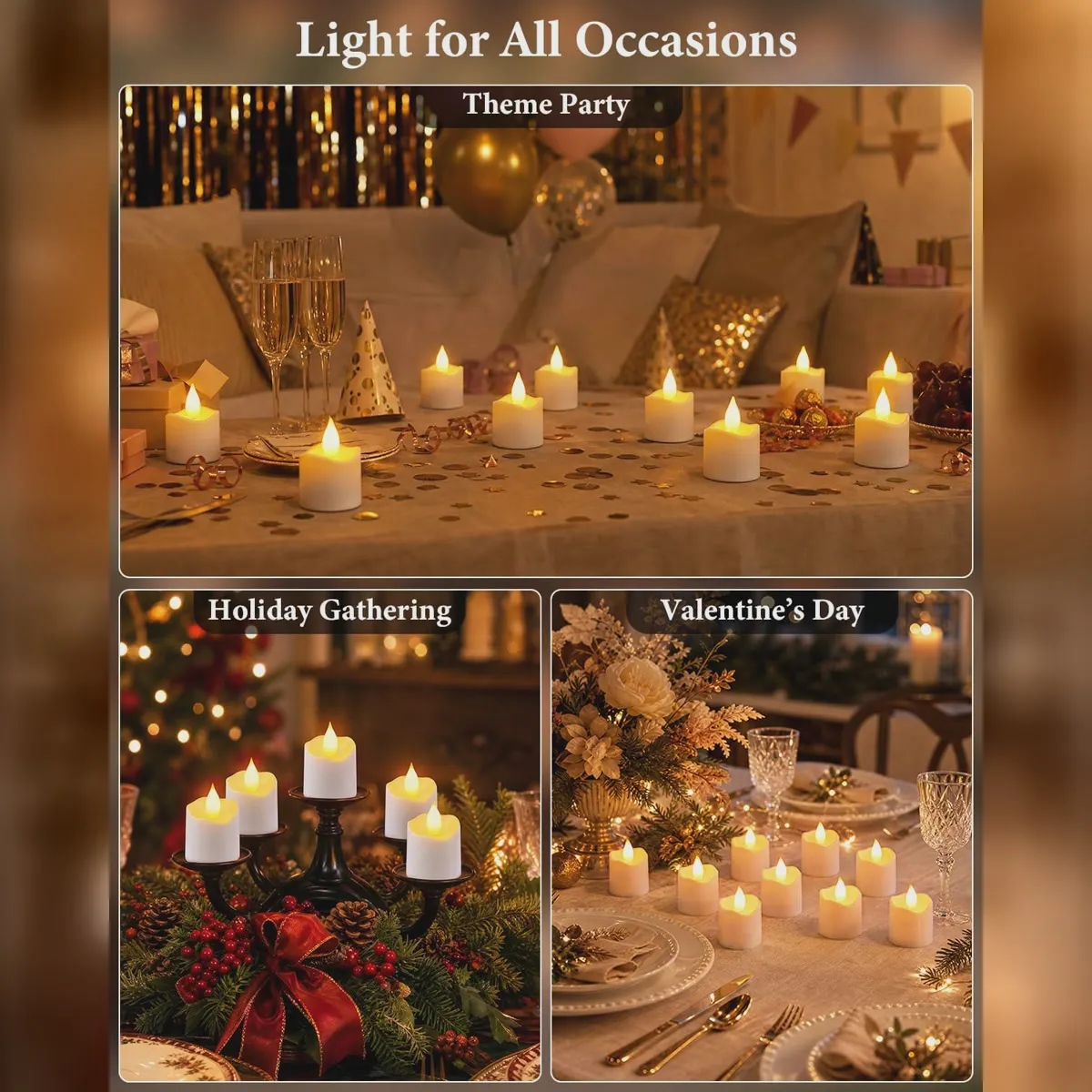 Flameless candles styled for celebrations and seasonal gatherings