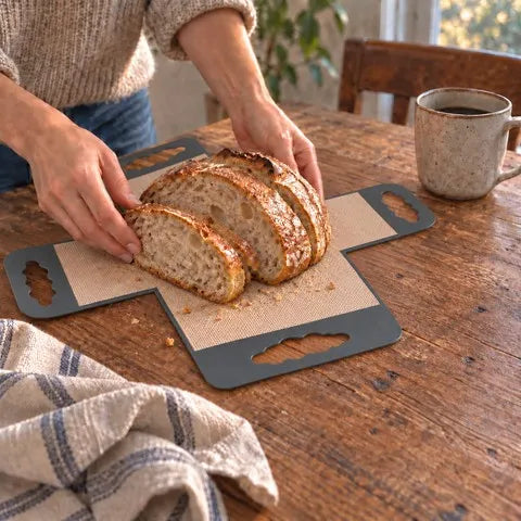 Sliced homemade loaf on the sling at a rustic table