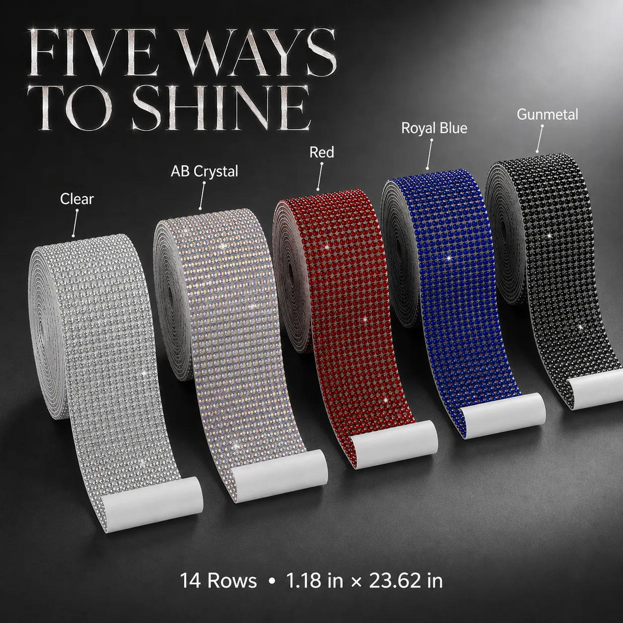 Five rhinestone tape colors and roll dimensions