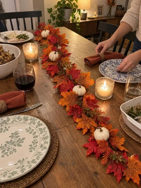 White pumpkin maple garland on a dining table