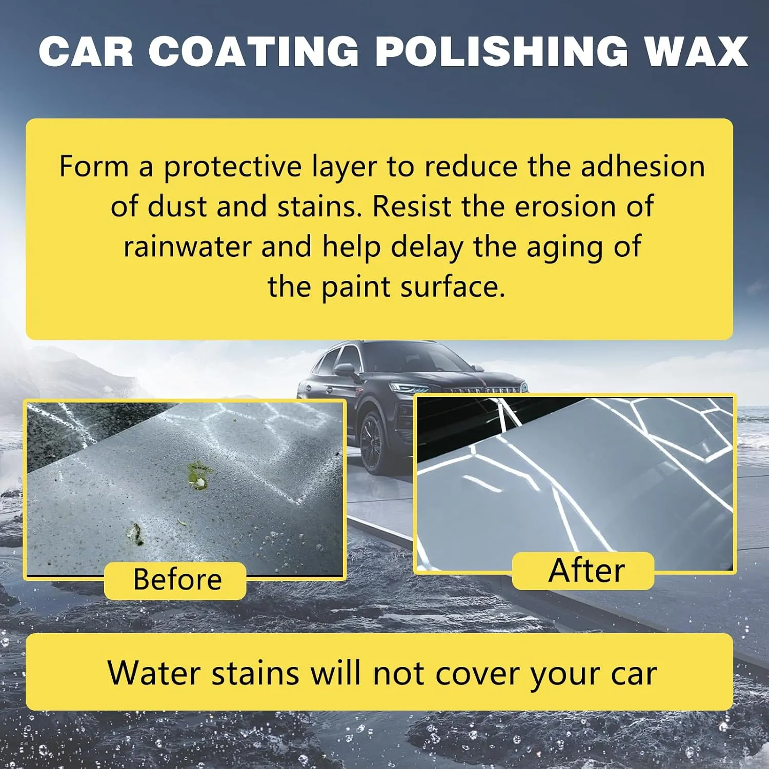 Before and after water-repelling car paint finish
