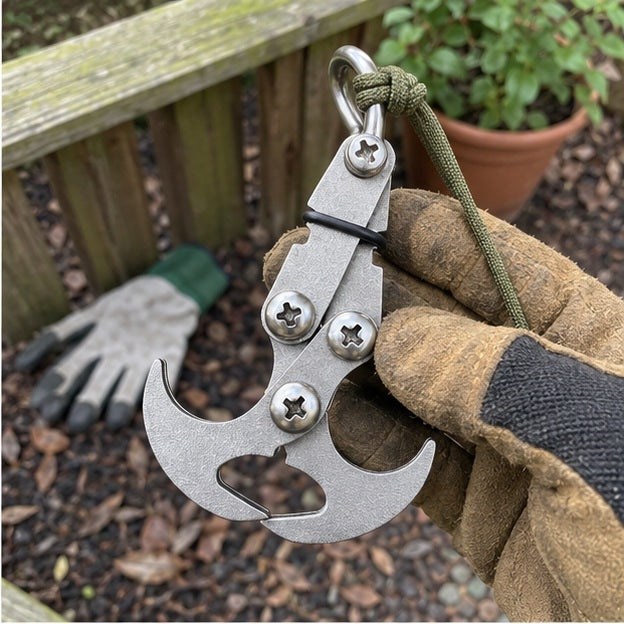 Opened hook held in a gloved hand near a backyard deck