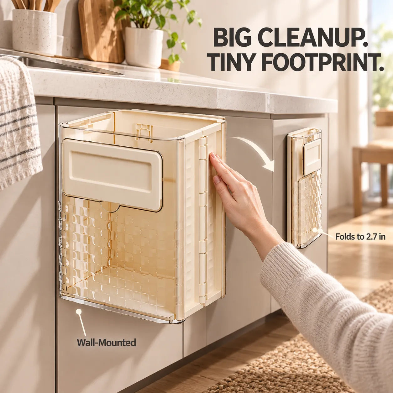 Cream white wall-mounted bin shown open and folded flat