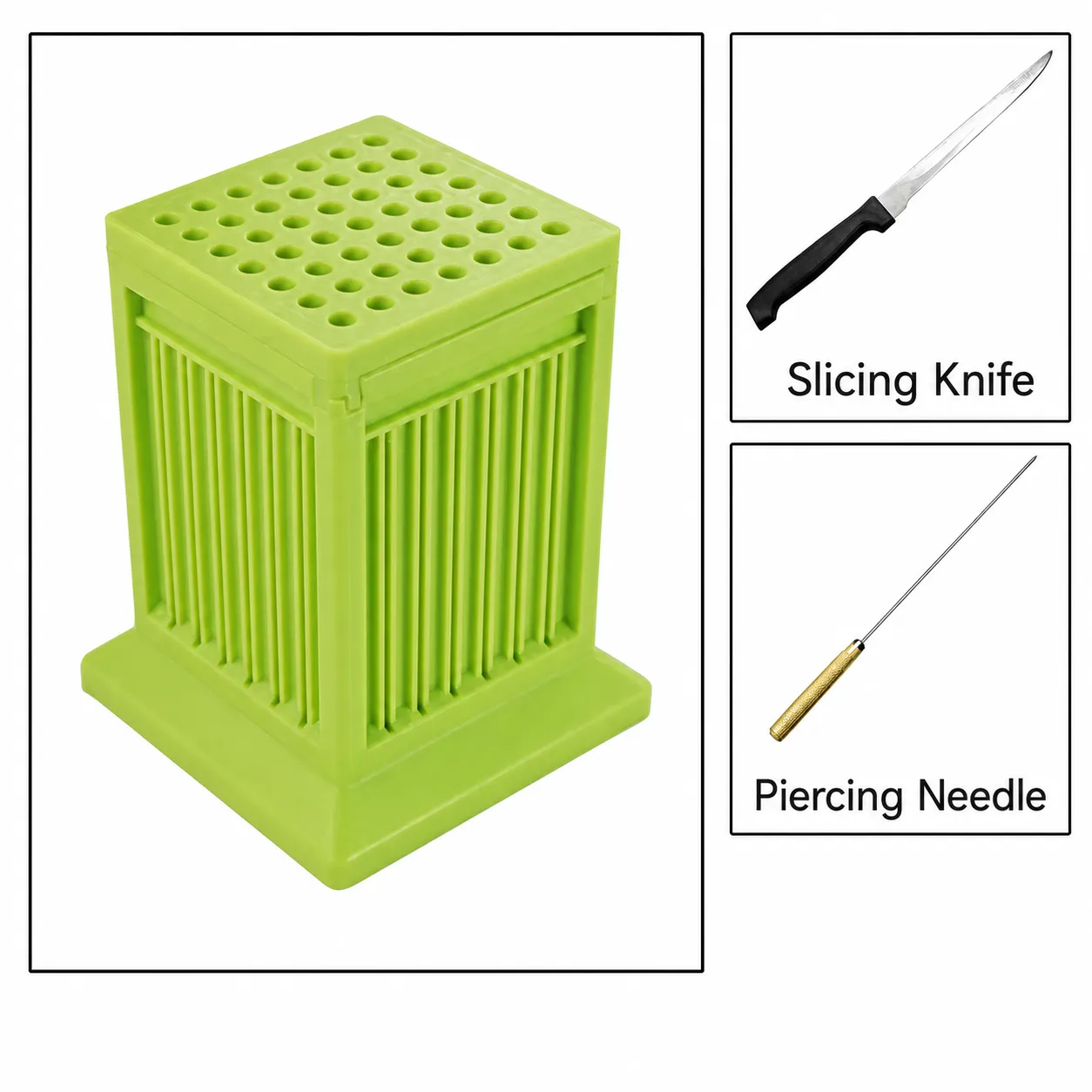 Kebab maker box with included slicing knife and piercing needle