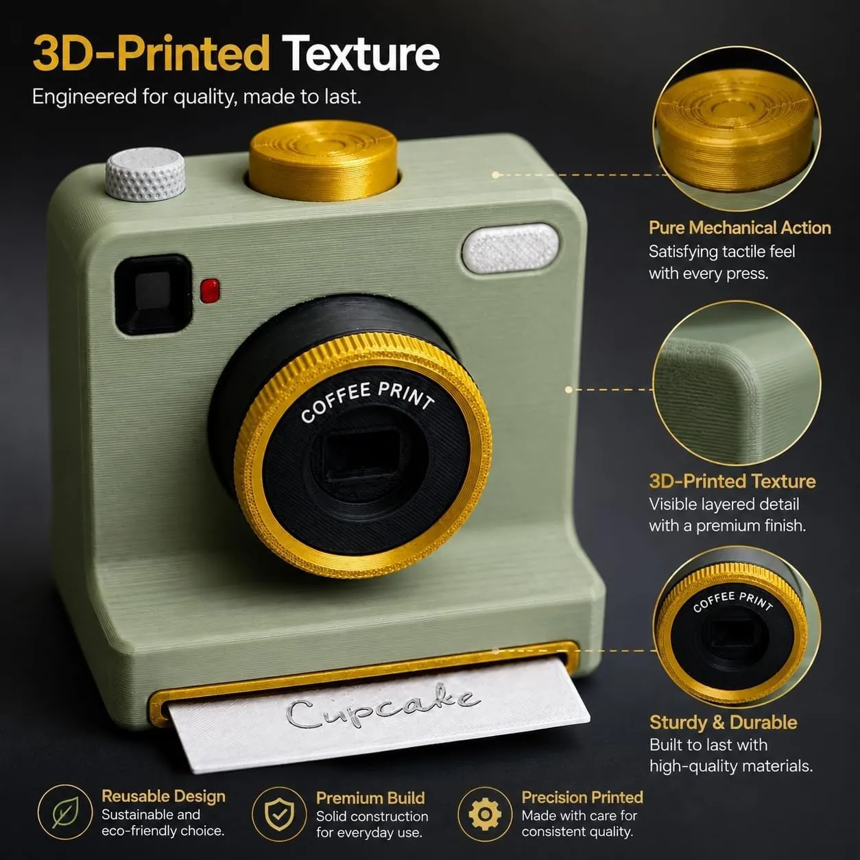 Close view of the textured mechanical coffee art camera