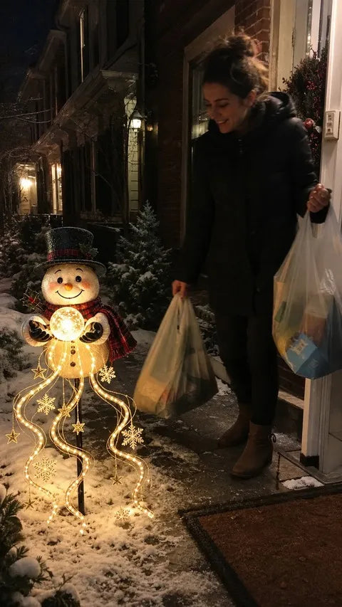 Woman arriving home beside a glowing snowman pathway light at a townhouse