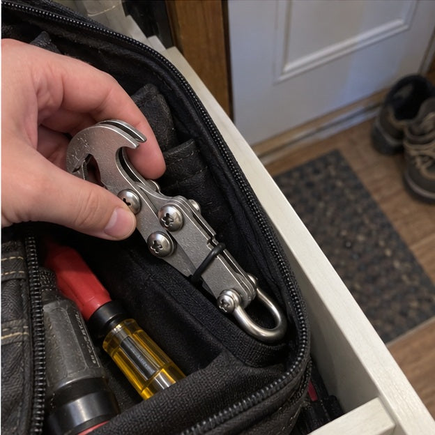 Hand placing the folded hook into a small tool pouch