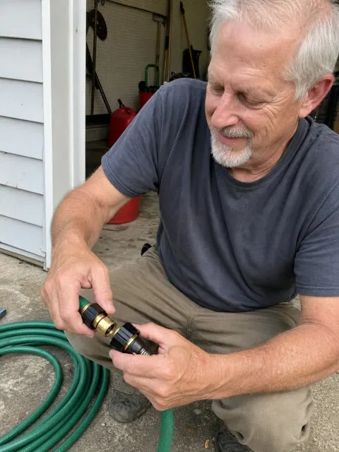 Man connecting a garden hose beside a garage