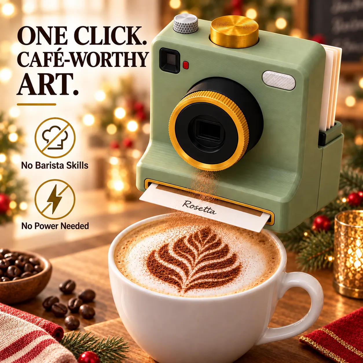 Mechanical coffee art camera creating a cocoa leaf design