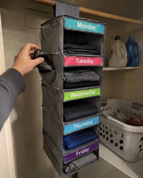 Gray weekday organizer with socks stored in a mesh side pocket