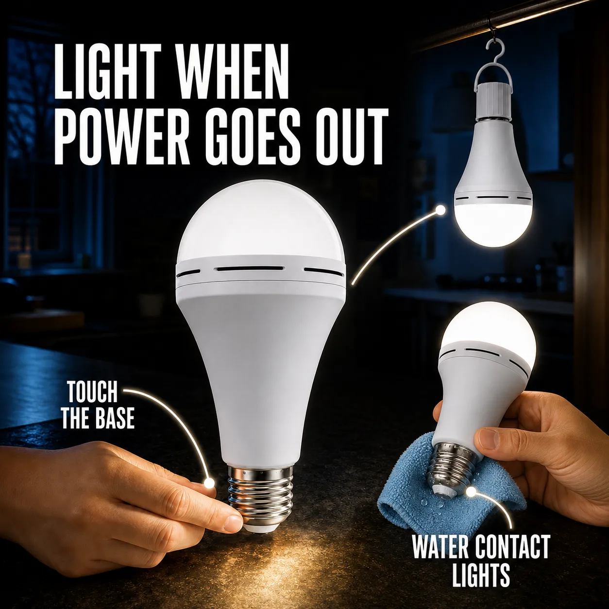 Emergency bulb shown with touch, damp-contact, and hanging use