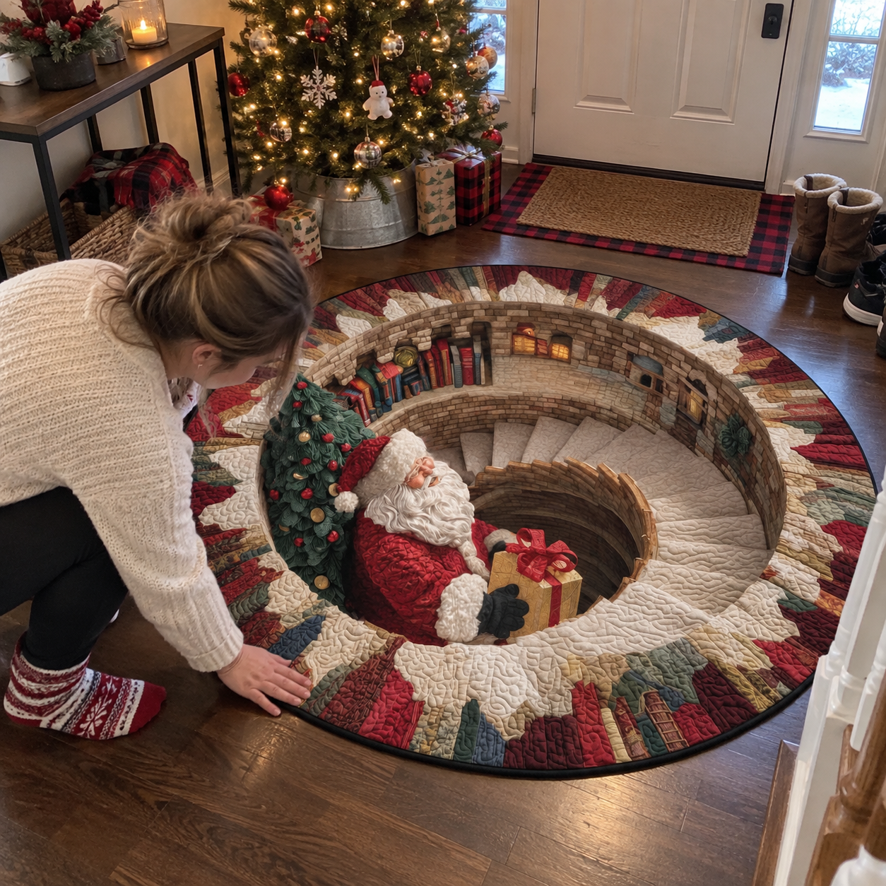 Runder Teppich mit 3D-Weihnachtsmann-Wendeltreppe – optische Weihnachtsillusion – Produktabbildung