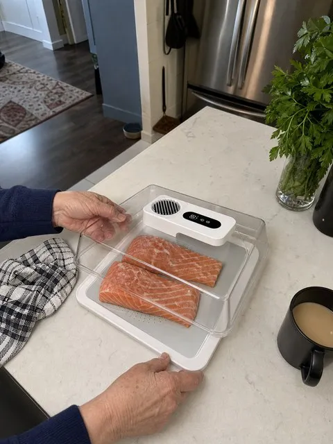 White defrosting box used for salmon on a kitchen counter
