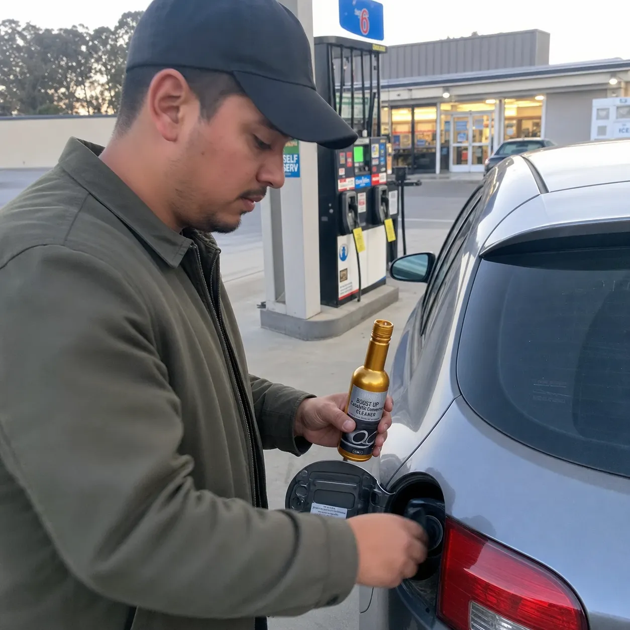 Customer using the cleaner at a gas station