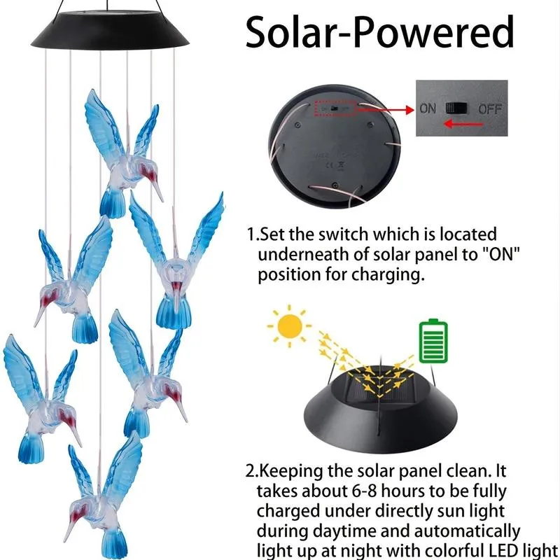 Product Introduction of Creative Bird Design Solar Wind Chimes, 1 Count Summer Color Changing Hummingbird LED Lights, Outdoor Garden Decorative Solar Light Wind Chimes, LED Lights, Solar Lights Outdoor 12