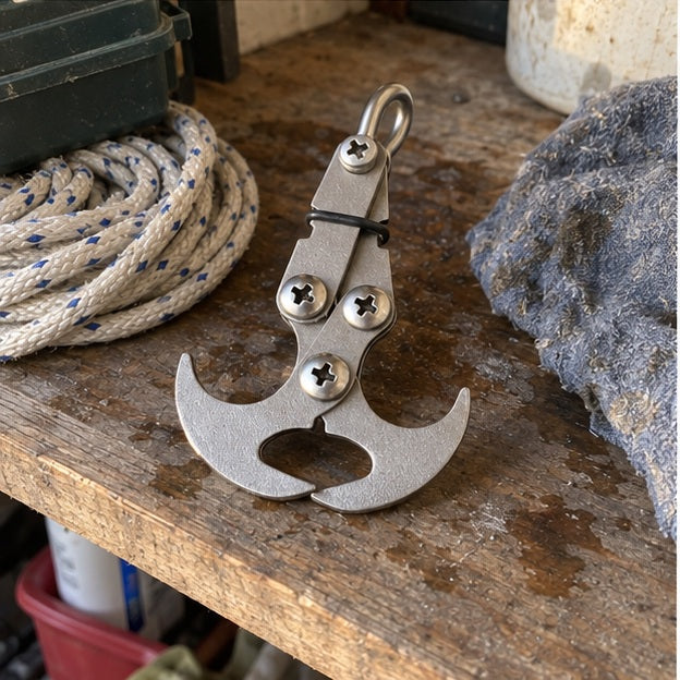Opened stainless-steel hook on a casual utility shelf