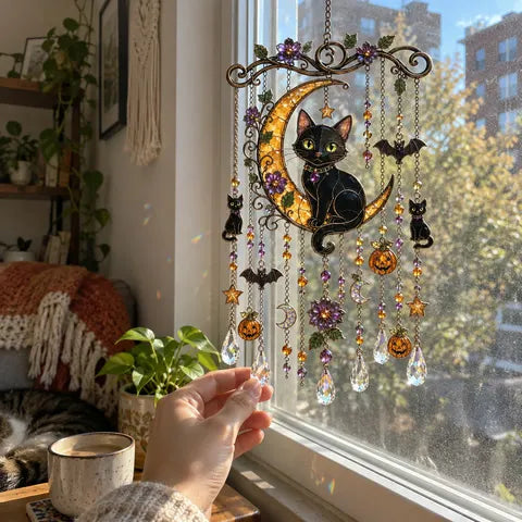Black Cat Moon hanging by a sunny apartment window