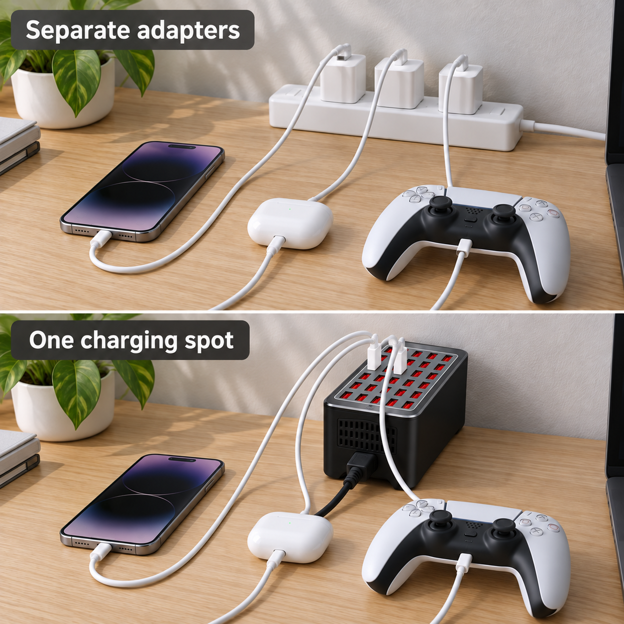 Same devices using separate adapters, then a shared charging station