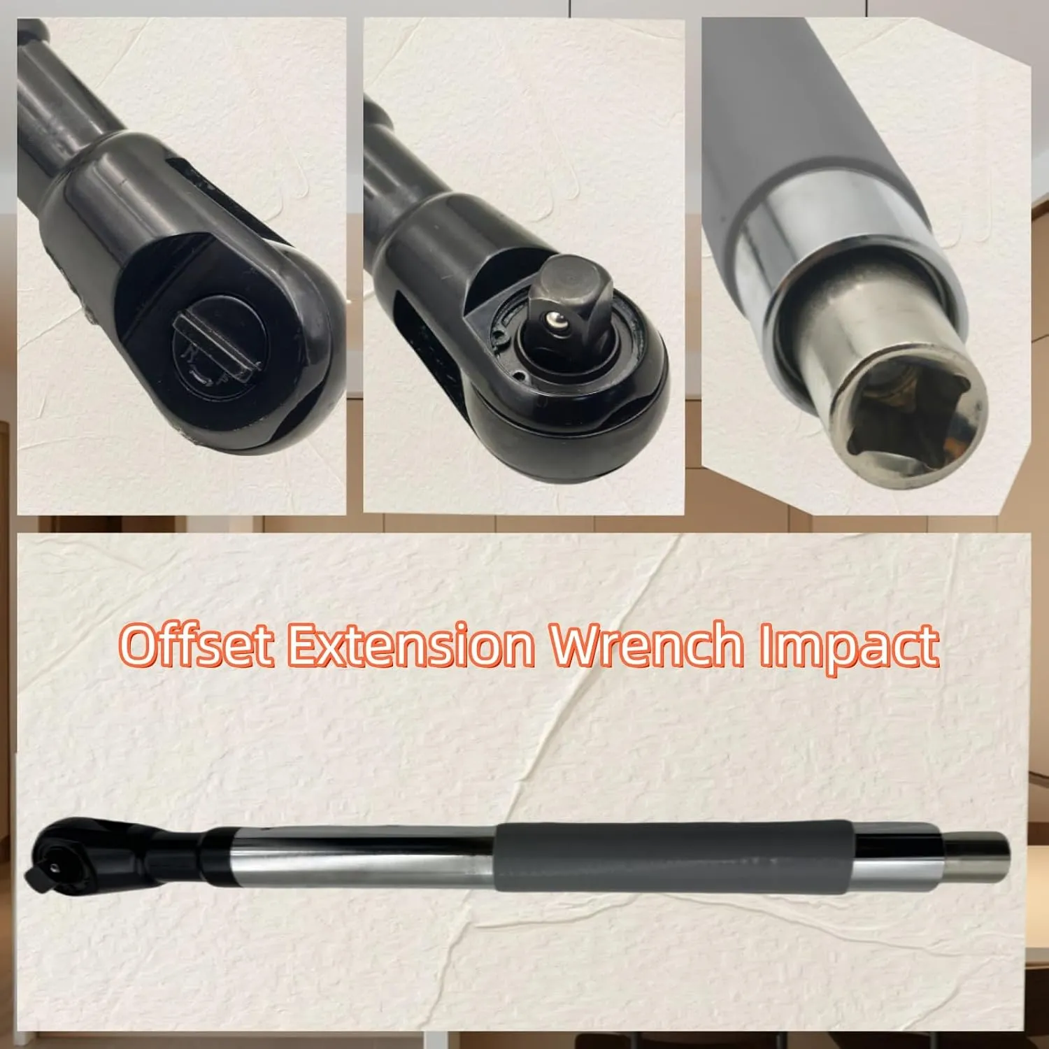 Close views of the offset ratchet head and 1/2-inch drive end
