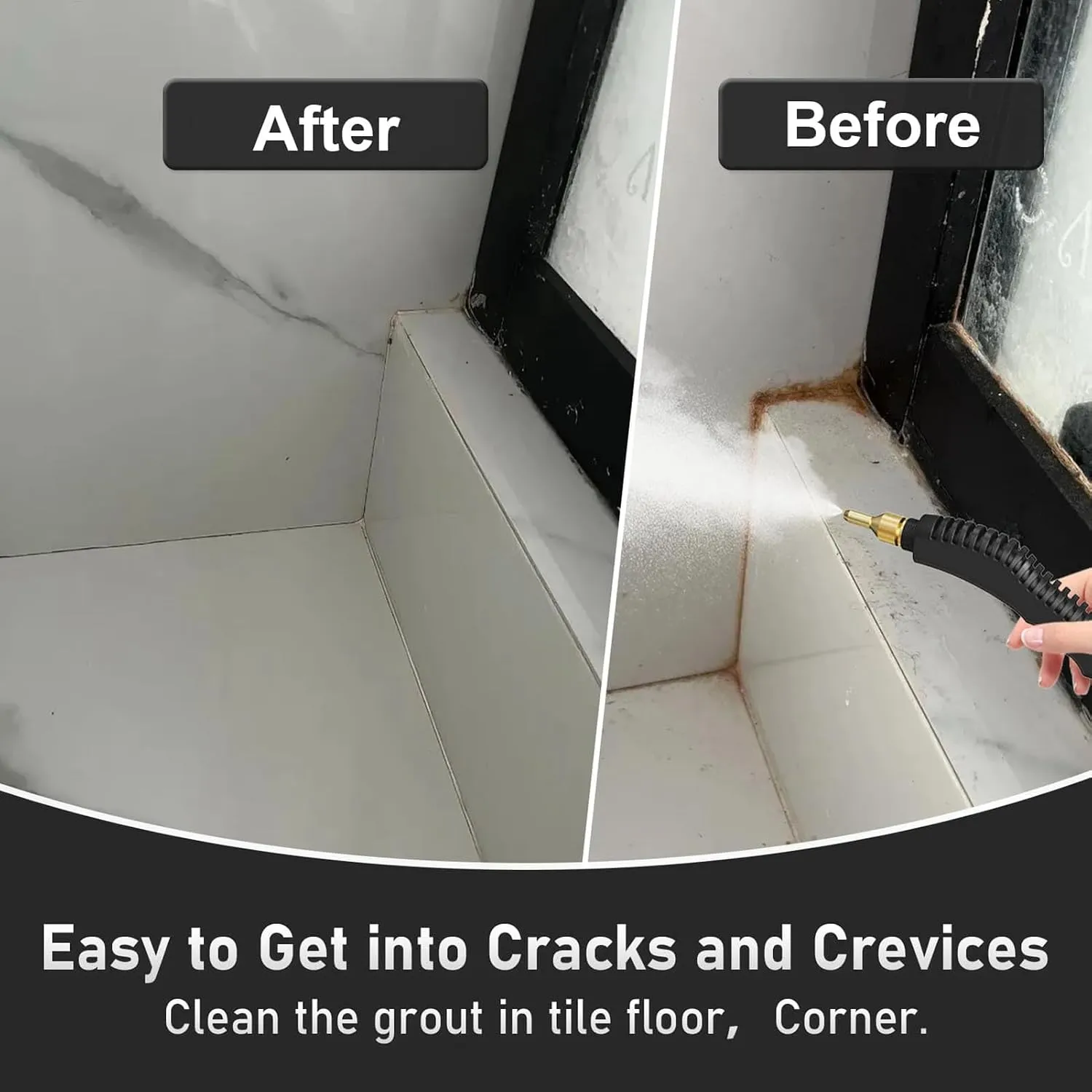 Before and after example of steam cleaning bathroom grout and fixtures