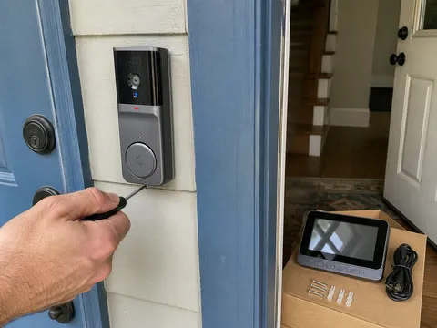 Doorbell monitor set being installed beside a blue front door