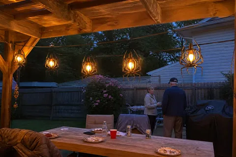 Spider string lights glowing over a backyard patio table