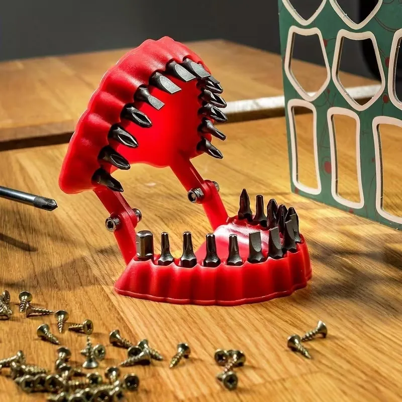 Open denture-shaped organizer ready on a home workshop table
