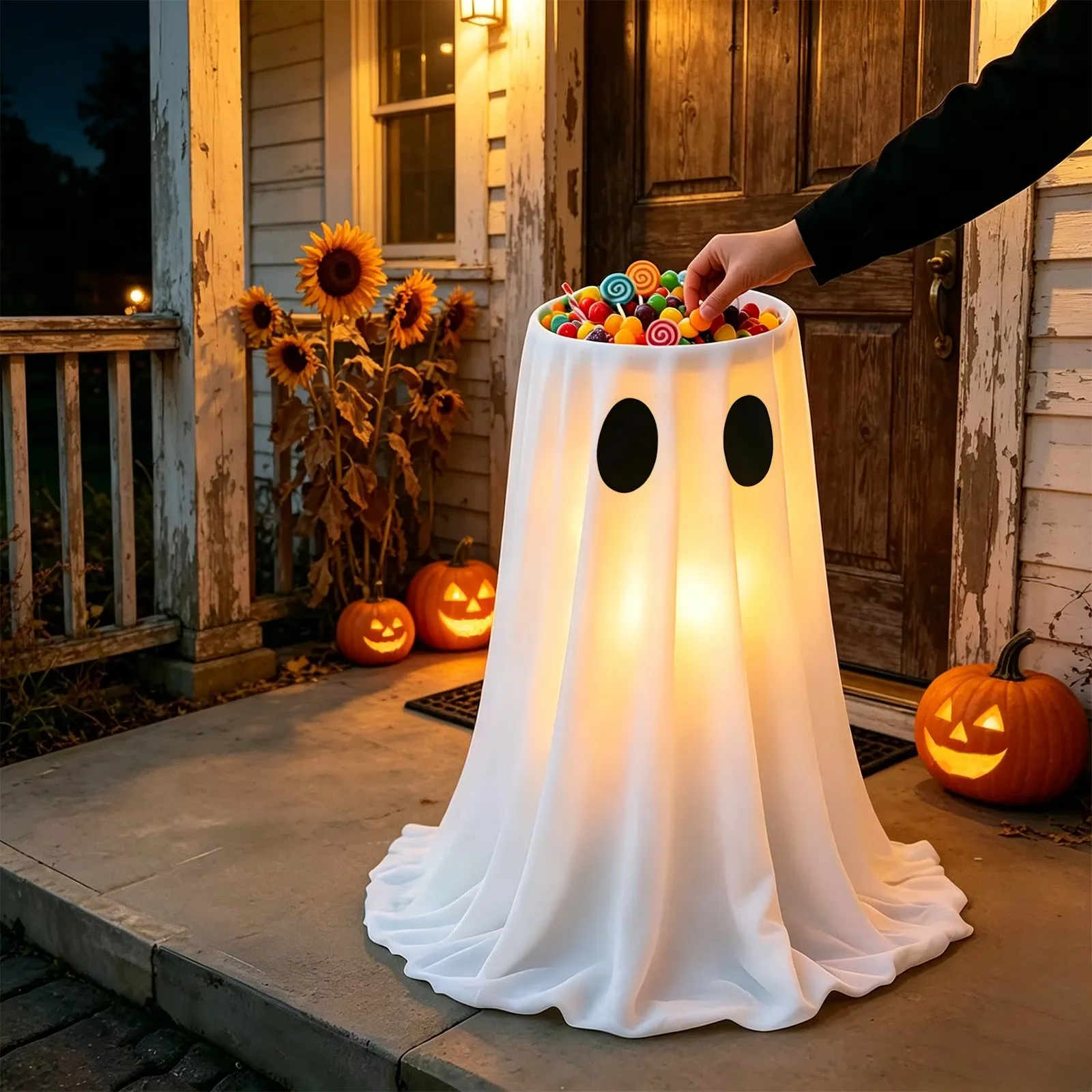 Adjustable white ghost candy bowl glowing on a Halloween porch