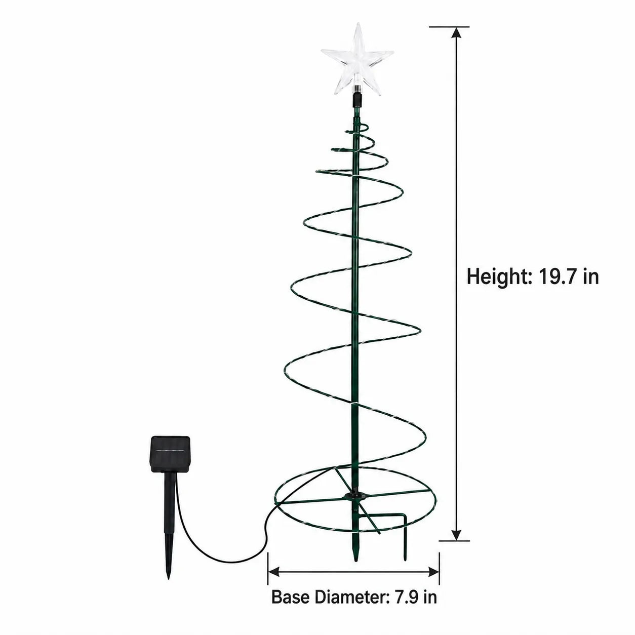 Solar spiral Christmas tree light dimensions shown in inches