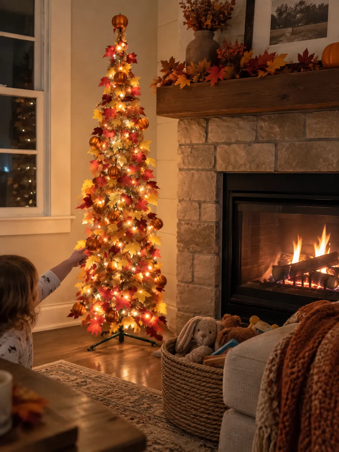 Child pointing toward a pumpkin ornament on a glowing fall tree