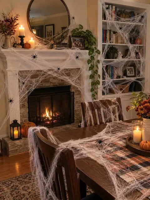 White spider web arranged around a fireplace, bookcase, and dining table