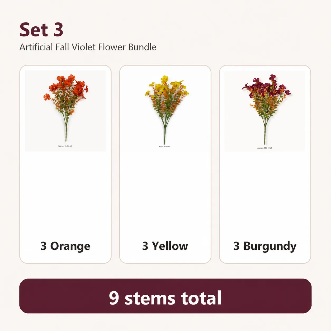 Recommended nine-stem tricolor artificial flower bundle with three orange, three yellow, and three burgundy stems