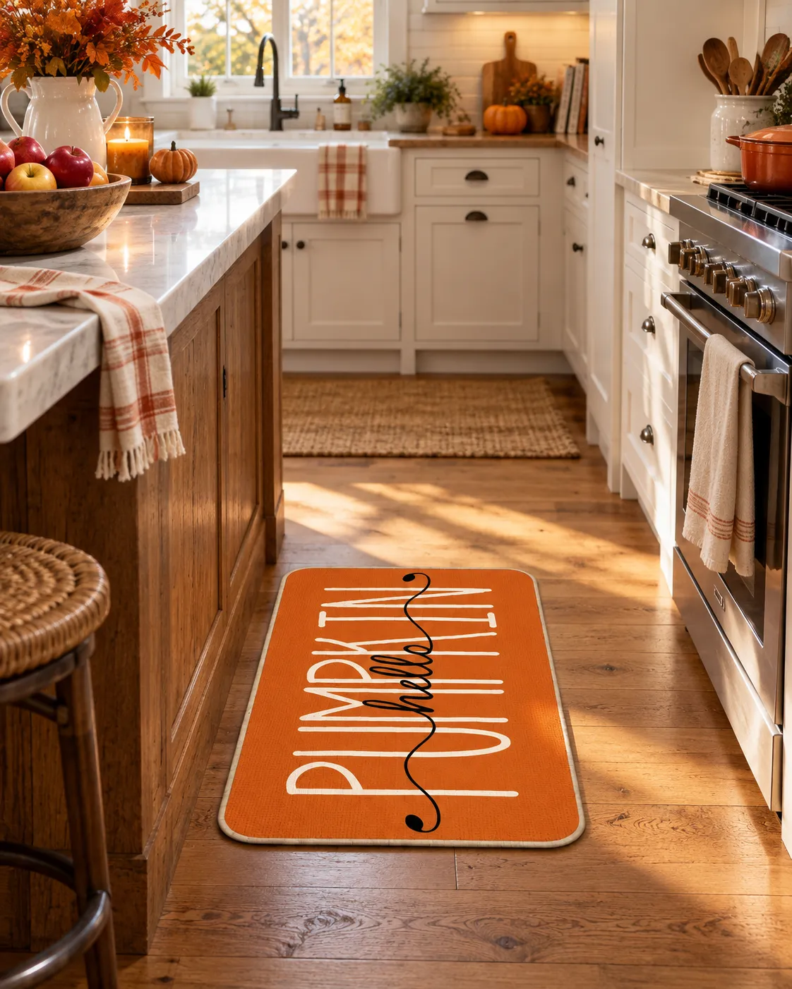Orange Pumpkin Hello mat beside a kitchen island