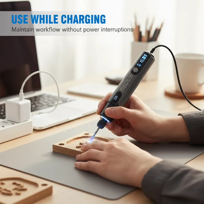 Portable rotary tool working while connected to a charging cable